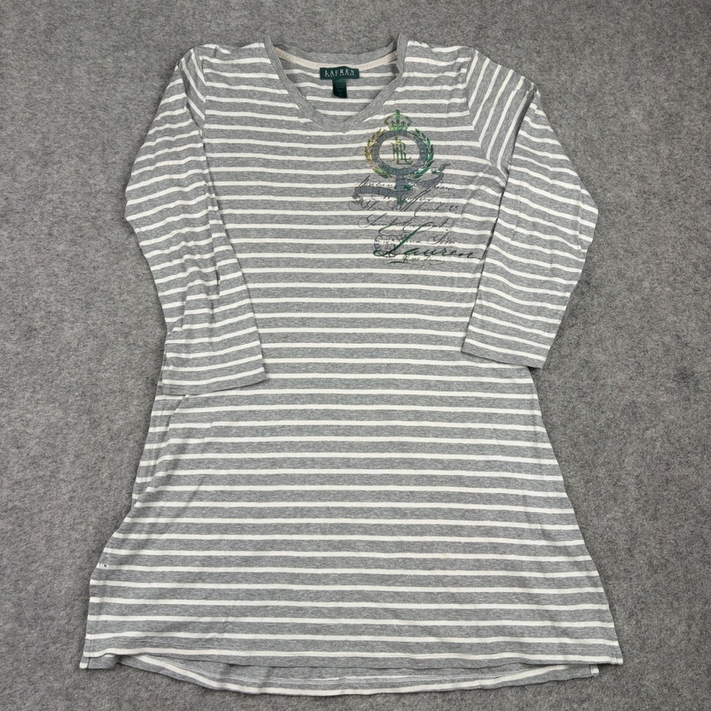 Lauren Ralph Lauren Tunic Womens Small Gray Striped Crest V-Neck 3/4 Sleeve Top